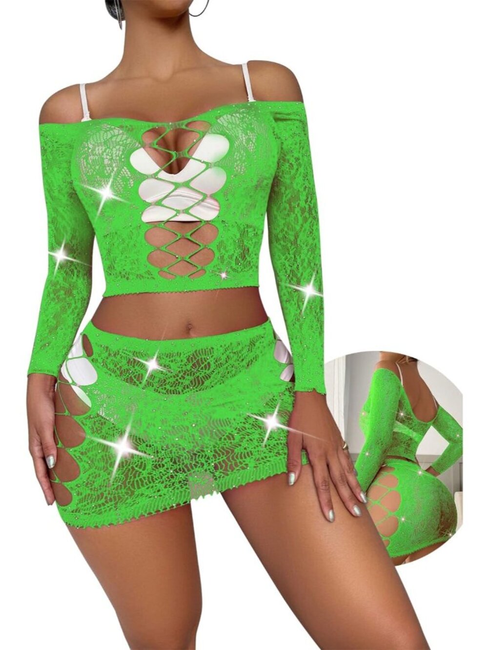 Women Green Sparkly Sheer Lingerie Set Micro Bra & G-String Bikini